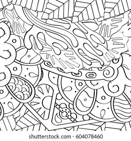 Tracery seamless calming pattern. Mehndi design. Ethnic monochrome binary doodle texture. Curved doodling black and white background. Vector.