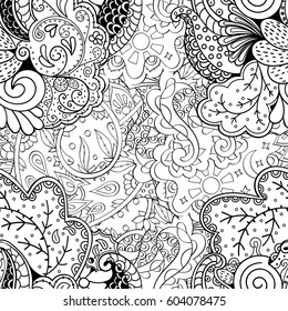 Tracery seamless calming pattern. Mehndi design. Ethnic monochrome binary doodle texture. Curved doodling black and white background. Vector.