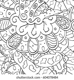 Tracery seamless calming pattern. Mehndi design. Ethnic monochrome binary doodle texture. Curved doodling black and white background. Vector.