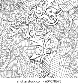 Tracery seamless calming pattern. Mehndi design. Ethnic monochrome binary doodle texture. Curved doodling black and white background. Vector.