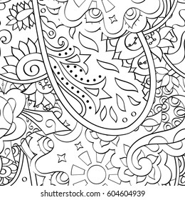 Tracery seamless calming pattern. Mehndi design. Ethnic monochrome binary doodle texture. Curved doodling black and white background. Vector.