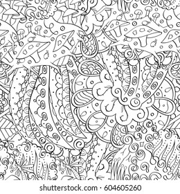 Tracery seamless calming pattern. Mehndi design. Ethnic monochrome binary doodle texture. Curved doodling black and white background. Vector.