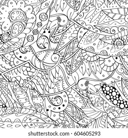 Tracery seamless calming pattern. Mehndi design. Ethnic monochrome binary doodle texture. Curved doodling black and white background. Vector.