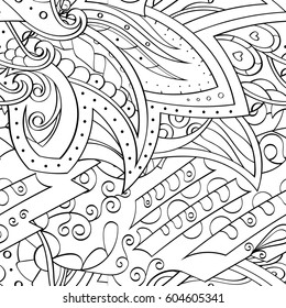 Tracery seamless calming pattern. Mehndi design. Ethnic monochrome binary doodle texture. Curved doodling black and white background. Vector.