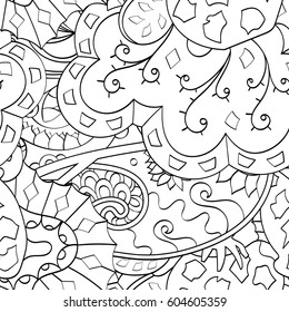 Tracery seamless calming pattern. Mehndi design. Ethnic monochrome binary doodle texture. Curved doodling black and white background. Vector.