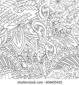 Tracery seamless calming pattern. Mehndi design. Ethnic monochrome binary doodle texture. Curved doodling black and white background. Vector.