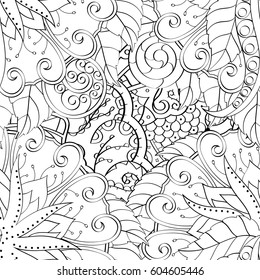 Tracery seamless calming pattern. Mehndi design. Ethnic monochrome binary doodle texture. Curved doodling black and white background. Vector.
