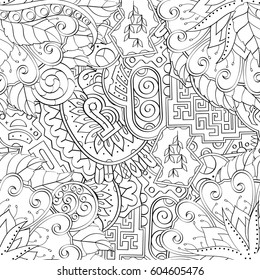 Tracery seamless calming pattern. Mehndi design. Ethnic monochrome binary doodle texture. Curved doodling black and white background. Vector.