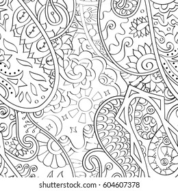 Tracery seamless calming pattern. Mehndi design. Ethnic monochrome binary doodle texture. Curved doodling black and white background. Vector.