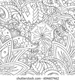 Tracery seamless calming pattern. Mehndi design. Ethnic monochrome binary doodle texture. Curved doodling black and white background. Vector.