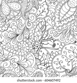 Tracery seamless calming pattern. Mehndi design. Ethnic monochrome binary doodle texture. Curved doodling black and white background. Vector.