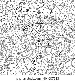 Tracery seamless calming pattern. Mehndi design. Ethnic monochrome binary doodle texture. Curved doodling black and white background. Vector.