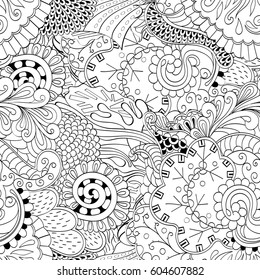 Tracery seamless calming pattern. Mehndi design. Ethnic monochrome binary doodle texture. Curved doodling black and white background. Vector.