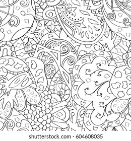 Tracery seamless calming pattern. Mehndi design. Ethnic monochrome binary doodle texture. Curved doodling black and white background. Vector.