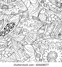 Tracery seamless calming pattern. Mehndi design. Ethnic monochrome binary doodle texture. Curved doodling black and white background. Vector.