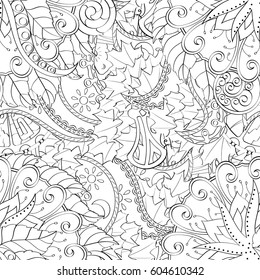 Tracery seamless calming pattern. Mehndi design. Ethnic monochrome binary doodle texture. Curved doodling black and white background. Vector.
