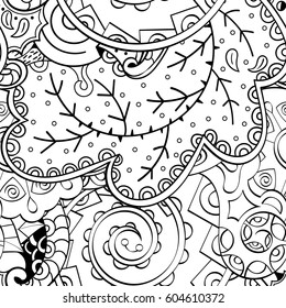 Tracery seamless calming pattern. Mehndi design. Ethnic monochrome binary doodle texture. Curved doodling black and white background. Vector.