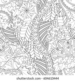 Tracery seamless calming pattern. Mehndi design. Ethnic monochrome binary doodle texture. Curved doodling black and white background. Vector.