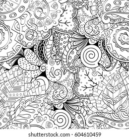 Tracery seamless calming pattern. Mehndi design. Ethnic monochrome binary doodle texture. Curved doodling black and white background. Vector.