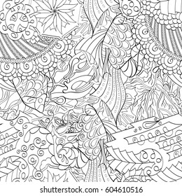 Tracery seamless calming pattern. Mehndi design. Ethnic monochrome binary doodle texture. Curved doodling black and white background. Vector.