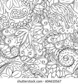 Tracery seamless calming pattern. Mehndi design. Ethnic monochrome binary doodle texture. Curved doodling black and white background. Vector.