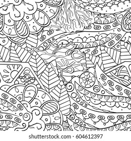 Tracery seamless calming pattern. Mehndi design. Ethnic monochrome binary doodle texture. Curved doodling black and white background. Vector.
