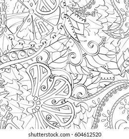 Tracery seamless calming pattern. Mehndi design. Ethnic monochrome binary doodle texture. Curved doodling black and white background. Vector.