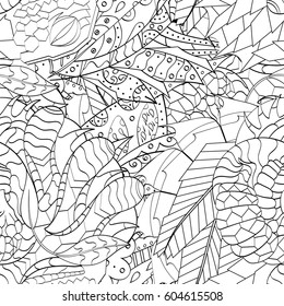 Tracery seamless calming pattern. Mehndi design. Ethnic monochrome binary doodle texture. Curved doodling black and white background. Vector.