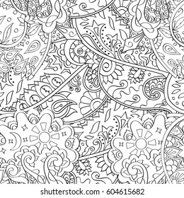 Tracery seamless calming pattern. Mehndi design. Ethnic monochrome binary doodle texture. Curved doodling black and white background. Vector.