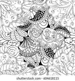 Tracery seamless calming pattern. Mehndi design. Ethnic monochrome binary doodle texture. Curved doodling black and white background. Vector.