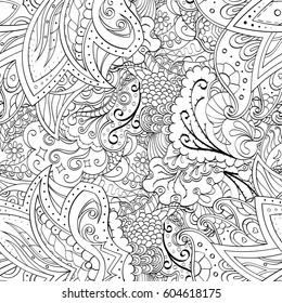 Tracery seamless calming pattern. Mehndi design. Ethnic monochrome binary doodle texture. Curved doodling black and white background. Vector.