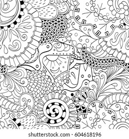 Tracery seamless calming pattern. Mehndi design. Ethnic monochrome binary doodle texture. Curved doodling black and white background. Vector.