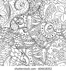 Tracery seamless calming pattern. Mehndi design. Ethnic monochrome binary doodle texture. Curved doodling black and white background. Vector.
