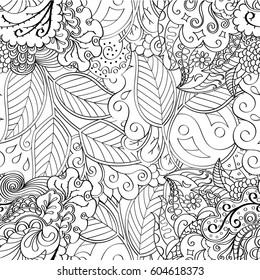 Tracery seamless calming pattern. Mehndi design. Ethnic monochrome binary doodle texture. Curved doodling black and white background. Vector.