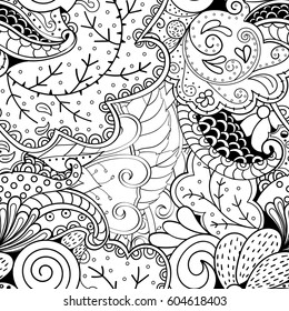 Tracery seamless calming pattern. Mehndi design. Ethnic monochrome binary doodle texture. Curved doodling black and white background. Vector.