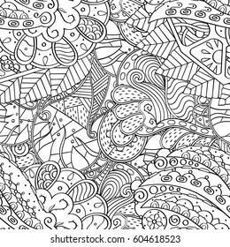Tracery seamless calming pattern. Mehndi design. Ethnic monochrome binary doodle texture. Curved doodling black and white background. Vector.