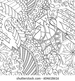 Tracery seamless calming pattern. Mehndi design. Ethnic monochrome binary doodle texture. Curved doodling black and white background. Vector.