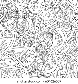 Tracery seamless calming pattern. Mehndi design. Ethnic monochrome binary doodle texture. Curved doodling black and white background. Vector.