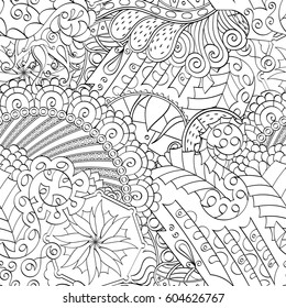 Tracery seamless calming pattern. Mehndi design. Ethnic monochrome binary doodle texture. Curved doodling black and white background. Vector.