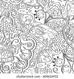 Tracery seamless calming pattern. Mehndi design. Ethnic monochrome binary doodle texture. Curved doodling black and white background. Vector.