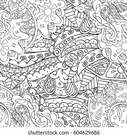 Tracery seamless calming pattern. Mehndi design. Ethnic monochrome binary doodle texture. Curved doodling black and white background. Vector.