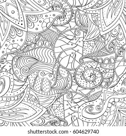 Tracery seamless calming pattern. Mehndi design. Ethnic monochrome binary doodle texture. Curved doodling black and white background. Vector.