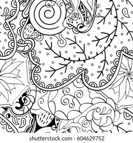 Tracery seamless calming pattern. Mehndi design. Ethnic monochrome binary doodle texture. Curved doodling black and white background. Vector.