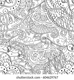 Tracery seamless calming pattern. Mehndi design. Ethnic monochrome binary doodle texture. Curved doodling black and white background. Vector.