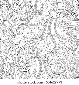 Tracery seamless calming pattern. Mehndi design. Ethnic monochrome binary doodle texture. Curved doodling black and white background. Vector.
