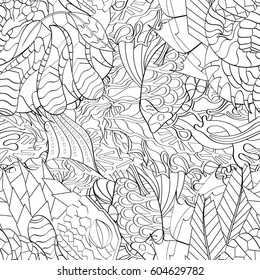 Tracery seamless calming pattern. Mehndi design. Ethnic monochrome binary doodle texture. Curved doodling black and white background. Vector.