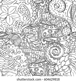 Tracery seamless calming pattern. Mehndi design. Ethnic monochrome binary doodle texture. Curved doodling black and white background. Vector.