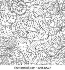 Tracery seamless calming pattern. Mehndi design. Ethnic monochrome binary doodle texture. Curved doodling black and white background. Vector.