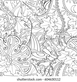 Tracery seamless calming pattern. Mehndi design. Ethnic monochrome binary doodle texture. Curved doodling black and white background. Vector.