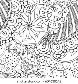 Tracery seamless calming pattern. Mehndi design. Ethnic monochrome binary doodle texture. Curved doodling black and white background. Vector.